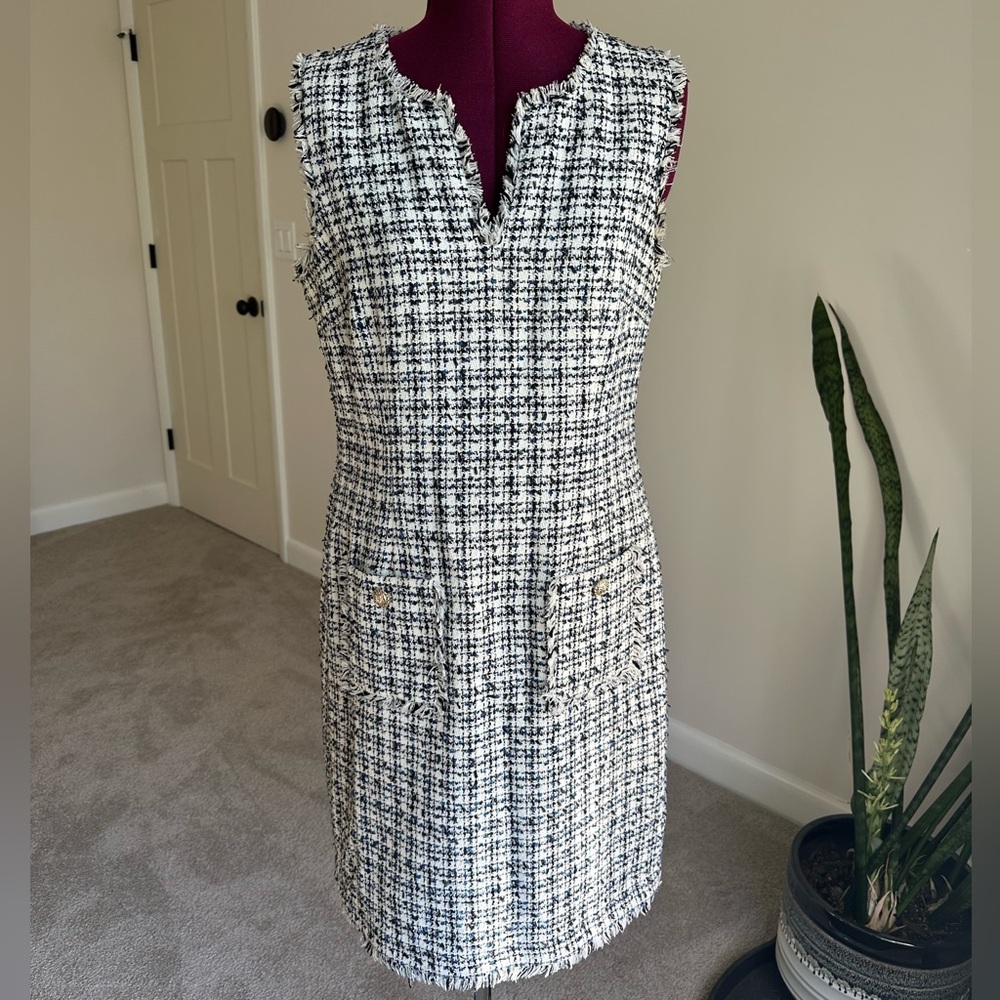 Karl Lagerfeld Paris Navy, black and white tweed style fitted sheath dress.